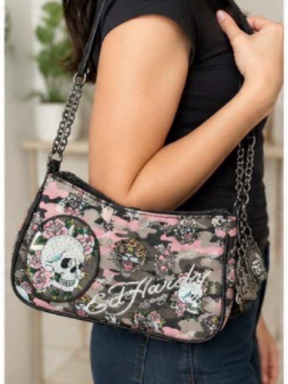 Ed Hardy Pink Camo Skull & Tiger Shoulder Bag w/ Charm Detail 10 x 6” NWT